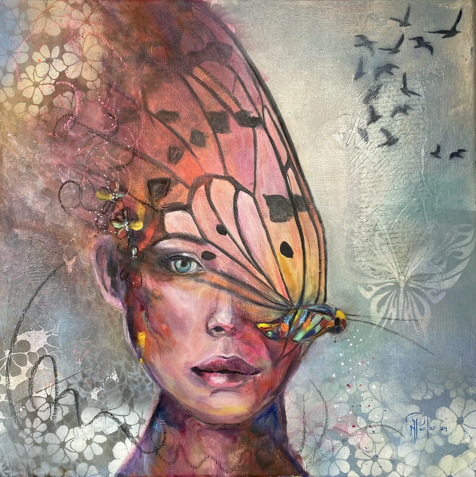 Métamorphose
Dans ce dialogue entre l'humain et le papillon se révèle l'invitation à notre propre métamorphose. Comme un feu d'artifice de joie, les couleurs dansent et nous murmurent que chacun porte en soi des teintes uniques, prêtes à se dévoiler. La fusion du visage et de l'aile devient le symbole de cette transformation intérieure, celle qui nous permet d'oser être pleinement nous-mêmes, illuminant notre chemin de mille éclats de bonheur.
 
Huile sur techniques mixtes sur toile galerie 50x50cm